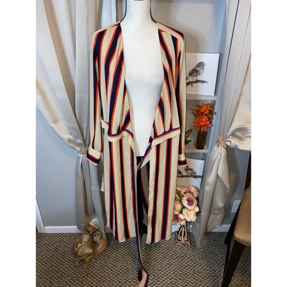 NWT $59.95 NY&C New York & Co Large Long Sleeve Nude Navy Blue Stripe Wrap Dress - Picture 8 of 12